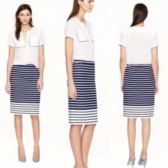 NWT J.Crew No 2 Pencil Skirt Contrast Stripes Navy Blue + White, size 6 - Picture 1 of 7